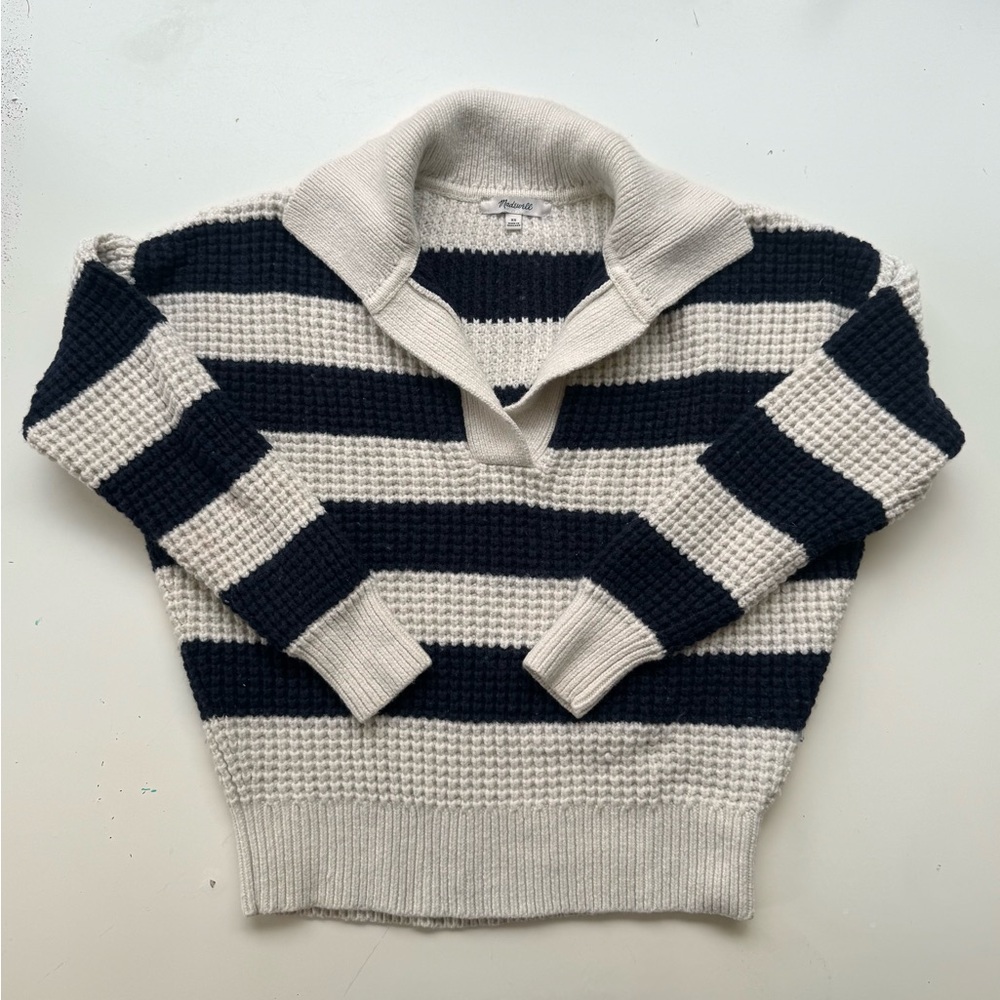 Madewell V-Neck Sweater in Black and Cream Stripes